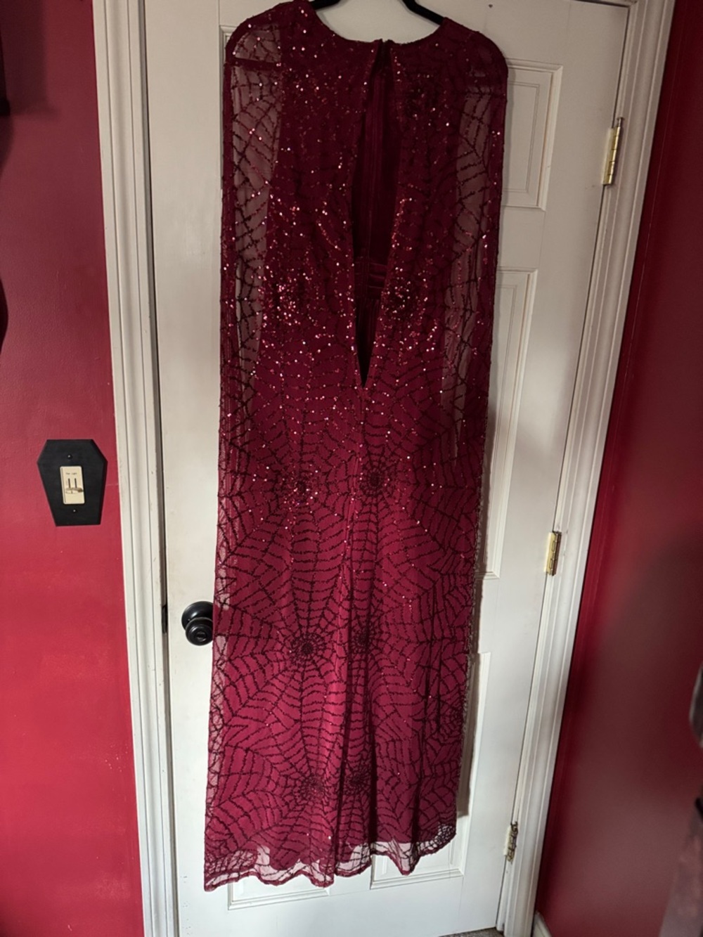 Unique Vintage Burgundy Velvet Evening Dress with Sheer Beaded Cape - Picture 3 of 3